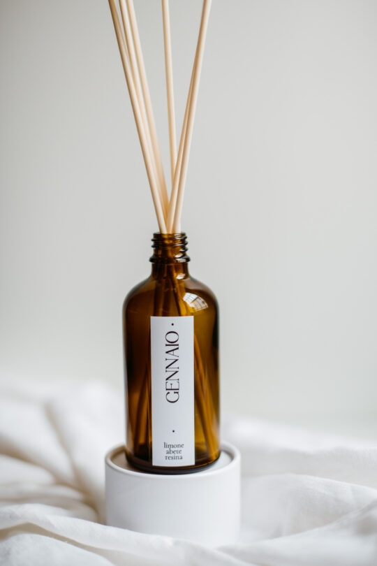 Profumatore ambiente balsamico Gennaio, La Calathea, diffusore con bastoncini fresco e agrumato