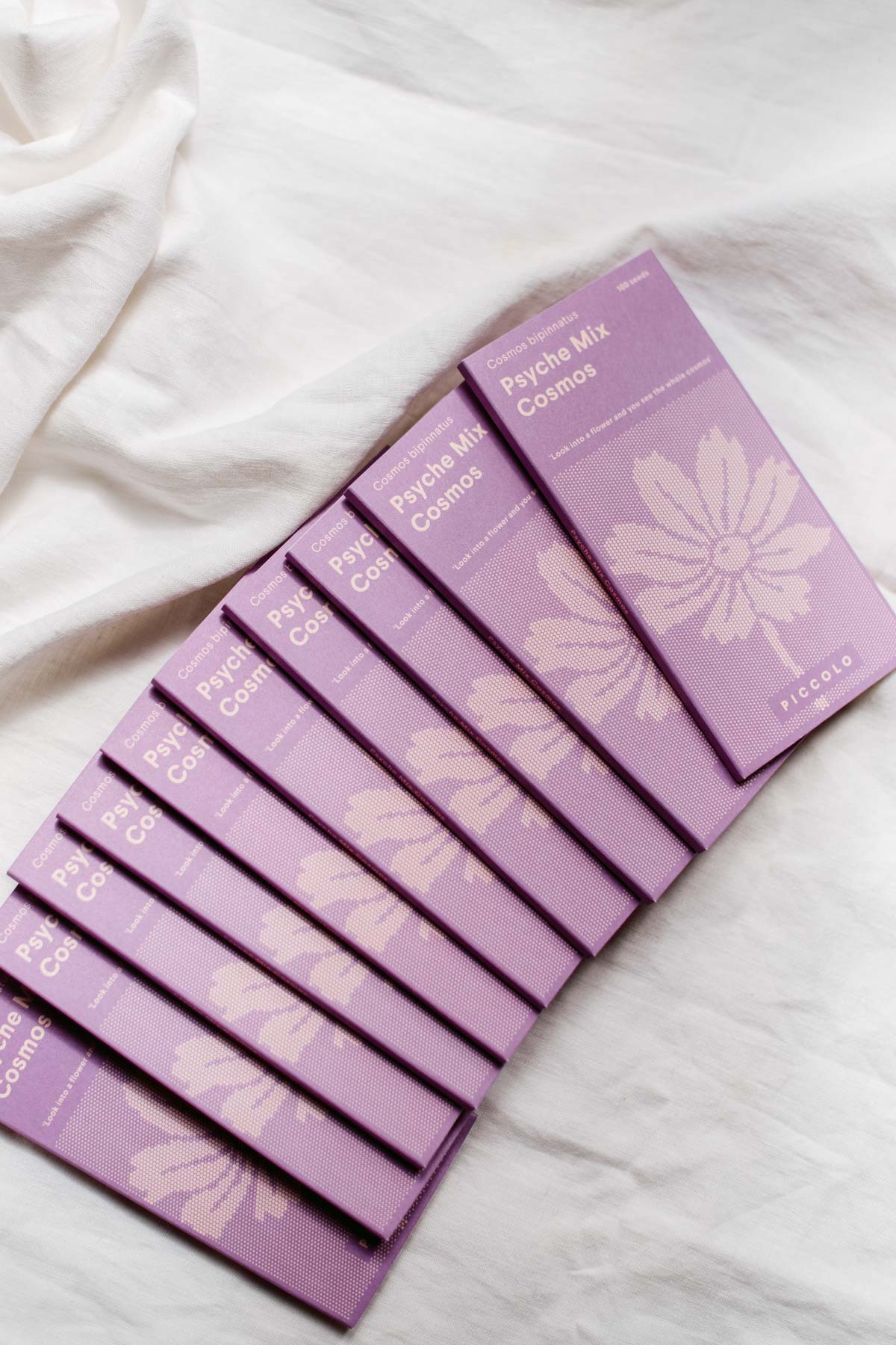 semi di cosmea, cosmos, fiori colorati nelle tonalità rosa e cremisi, packaging in carta viola